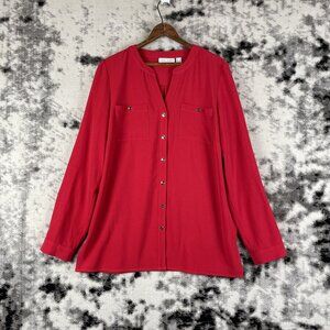 Susan Graver Blouse Womens Size 8 Red Pockets‎ Button Up V-Neck Long Sleeve